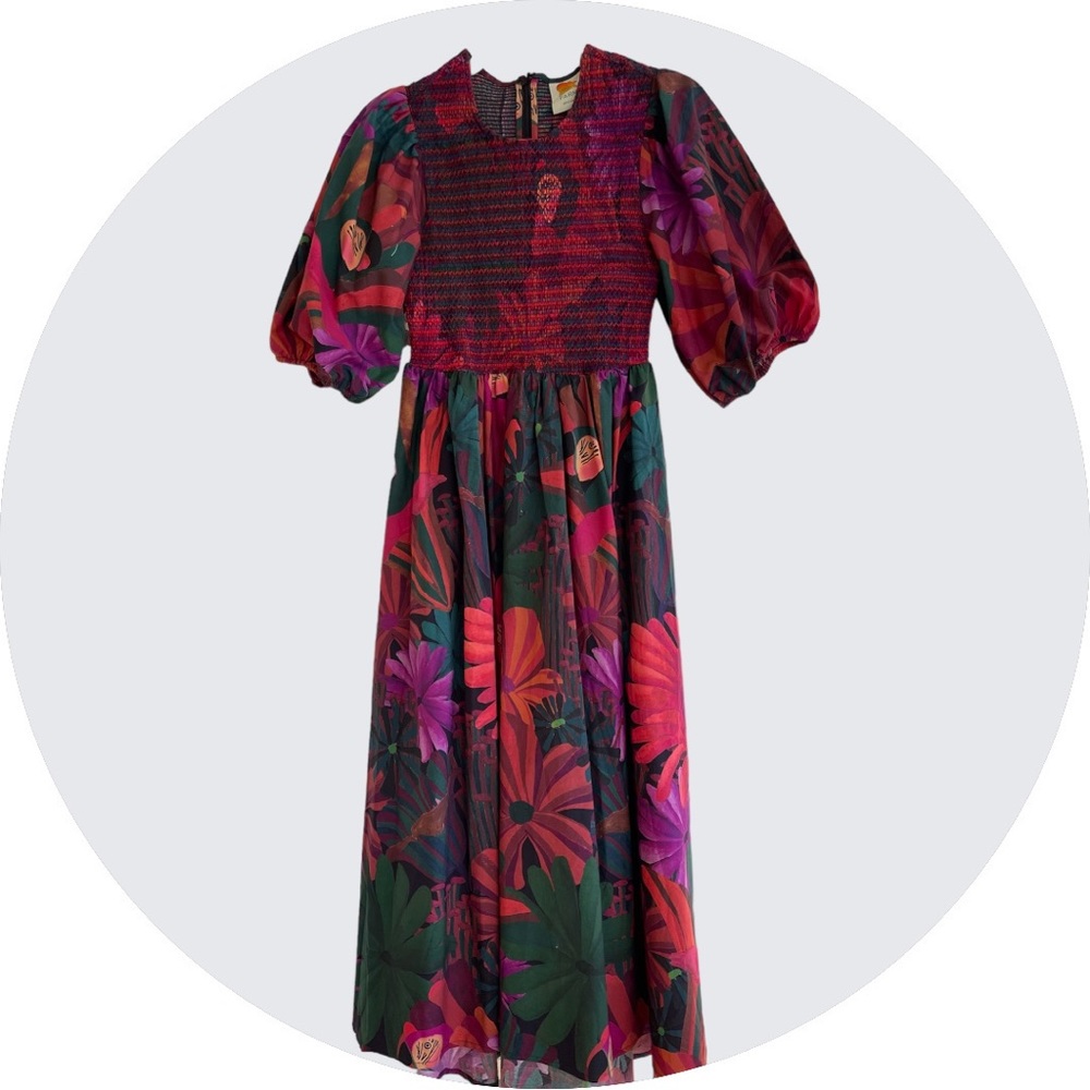 Used once, Farm Rio Red Bird Flowers Smocked Midi Dress SMALL